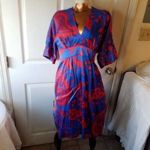 vtg Gala 100% silk USA kimono sleeve boho dress belted batik print M